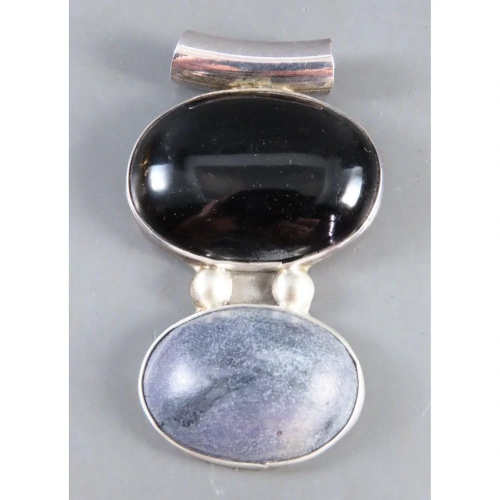 STERLING SILVER PENDANT Black Onyx & Gray Jasper? EAST/WEST OVALS Slide Bale
